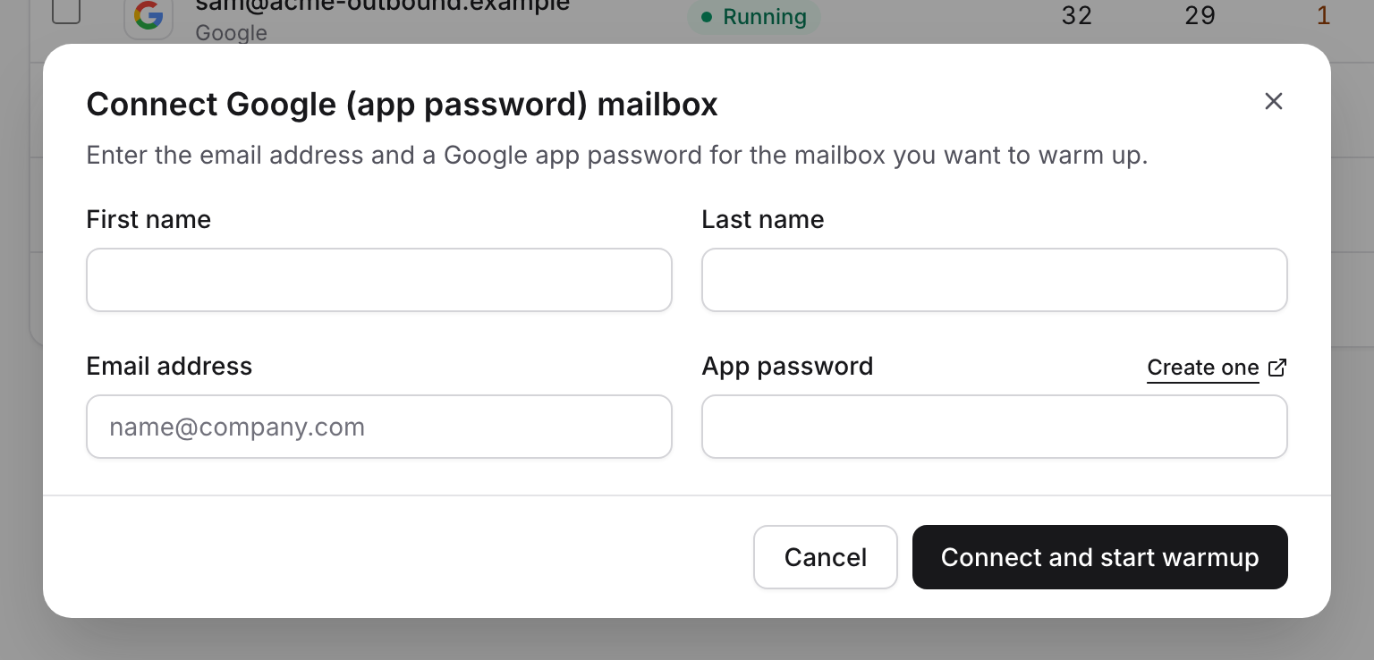 The form for connecting Google with an app password