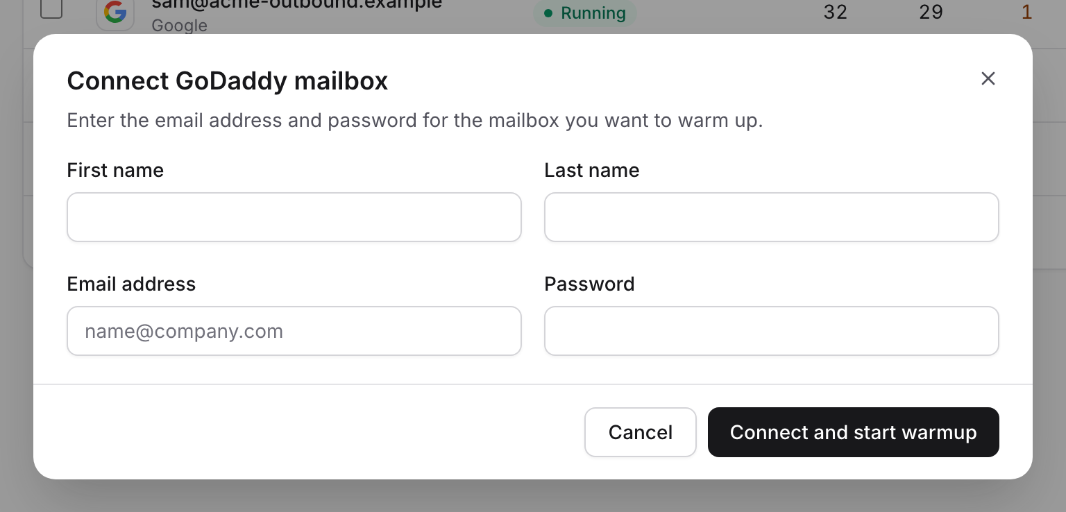 The form for connecting a GoDaddy mailbox