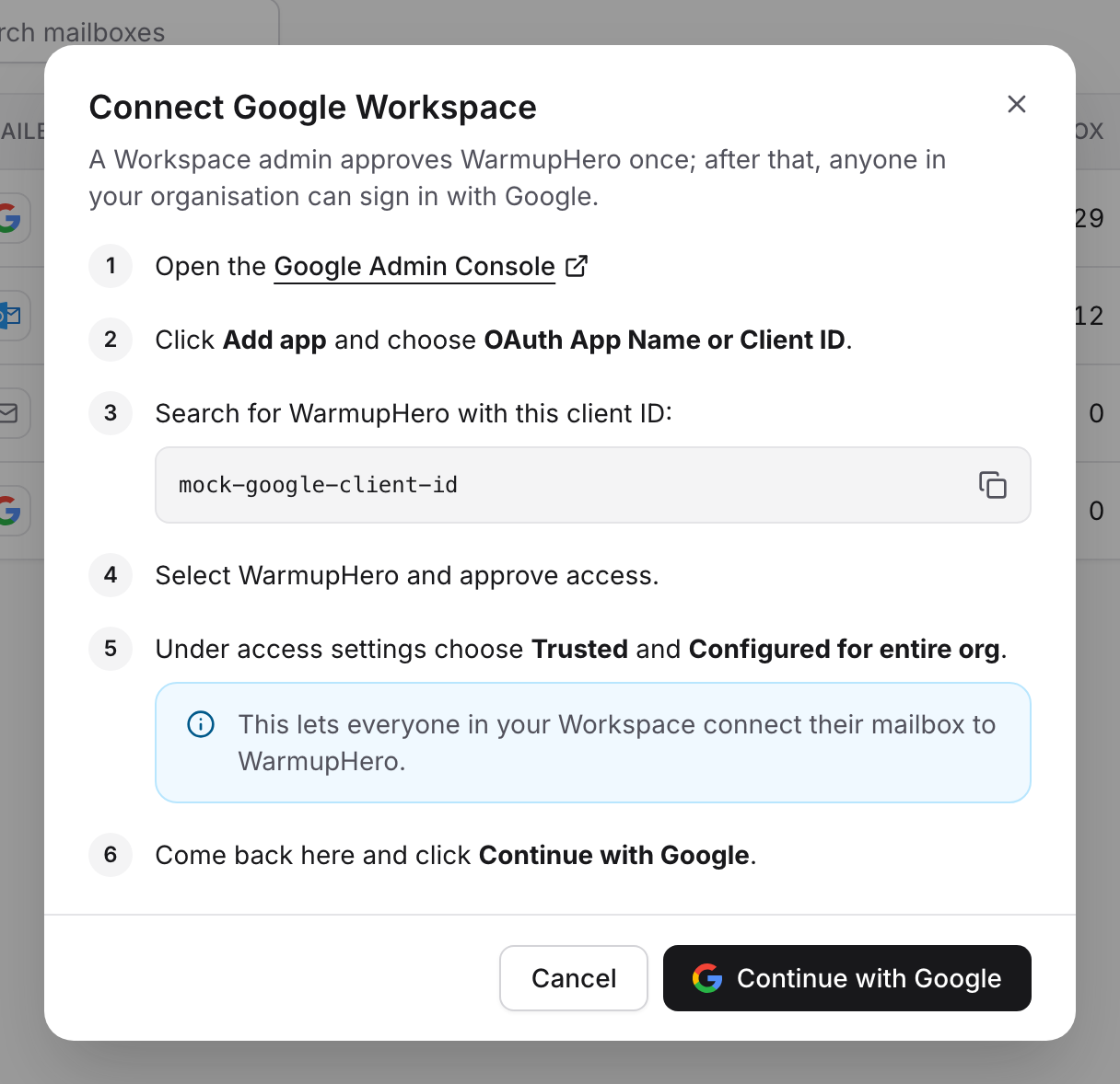 The Connect Google Workspace dialog with the admin approval steps