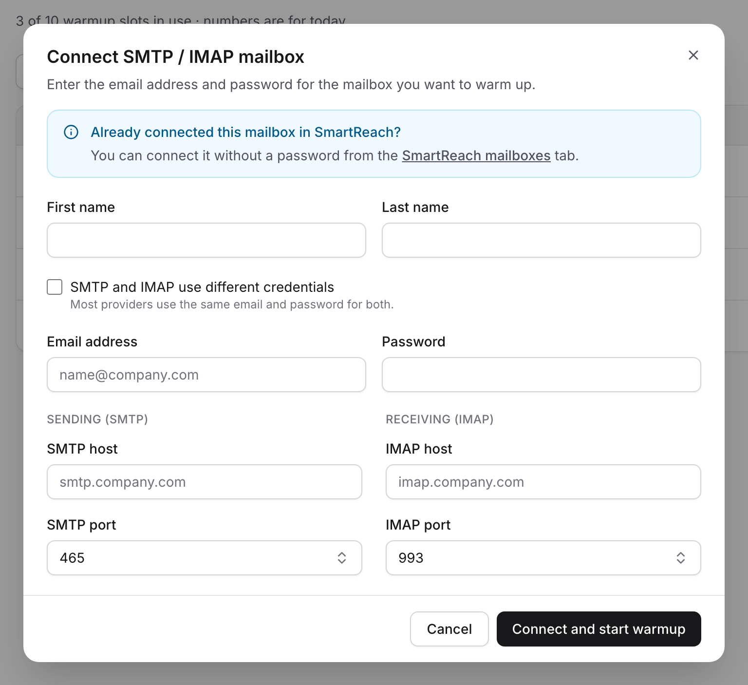 The SMTP / IMAP connection form