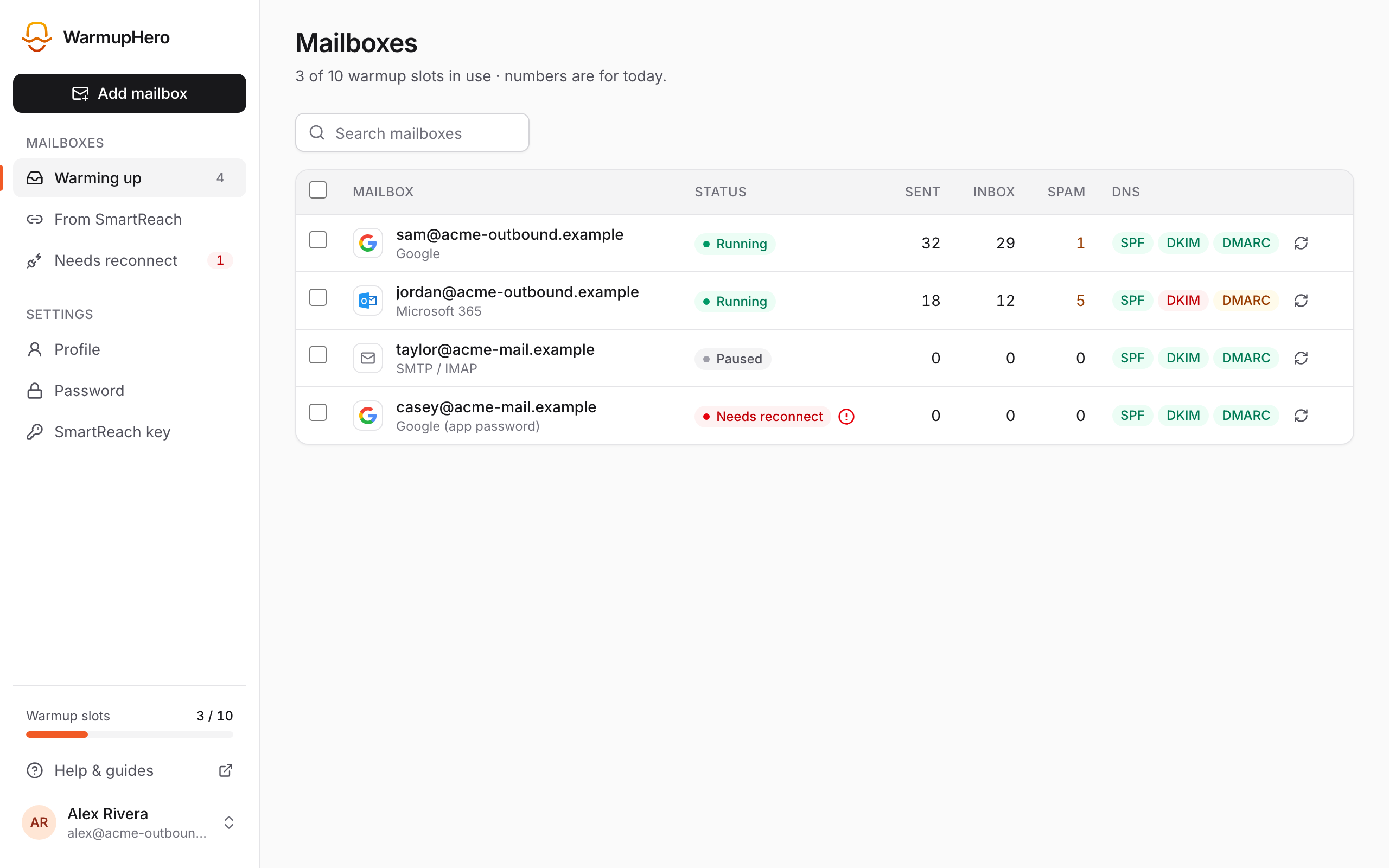 The Mailboxes page in WarmupHero with the Add mailbox button