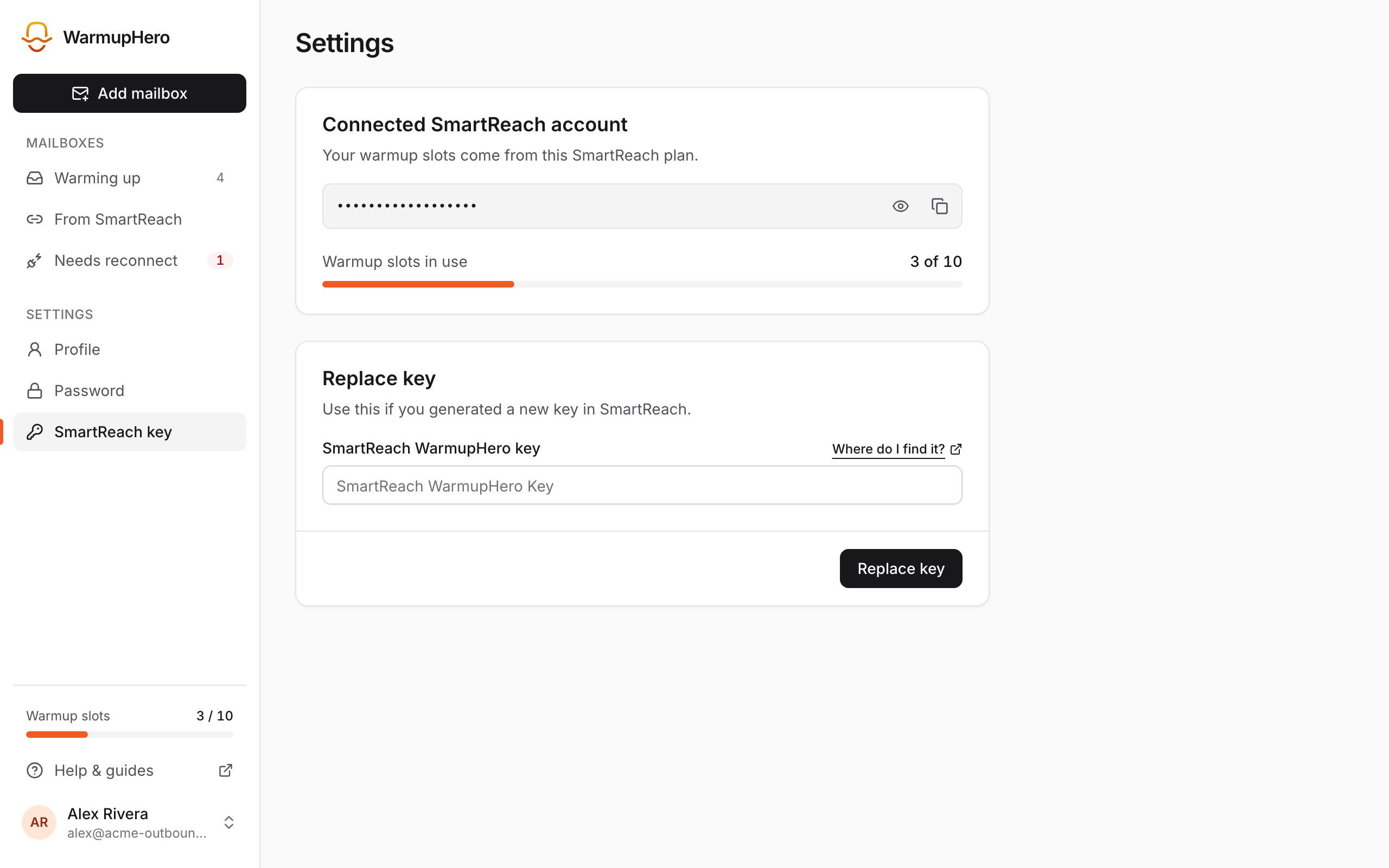 The SmartReach key page under Settings in WarmupHero